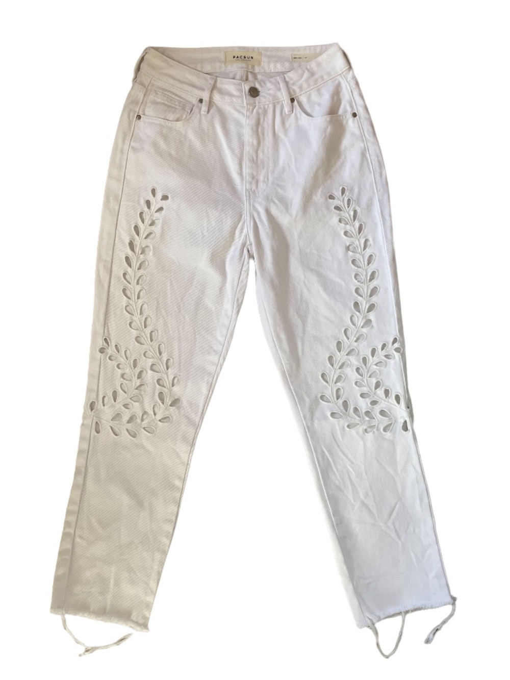 PacSun Mom Jeans Womens Size 24 White High Rise Eyelet Embroidery Distressed Hem